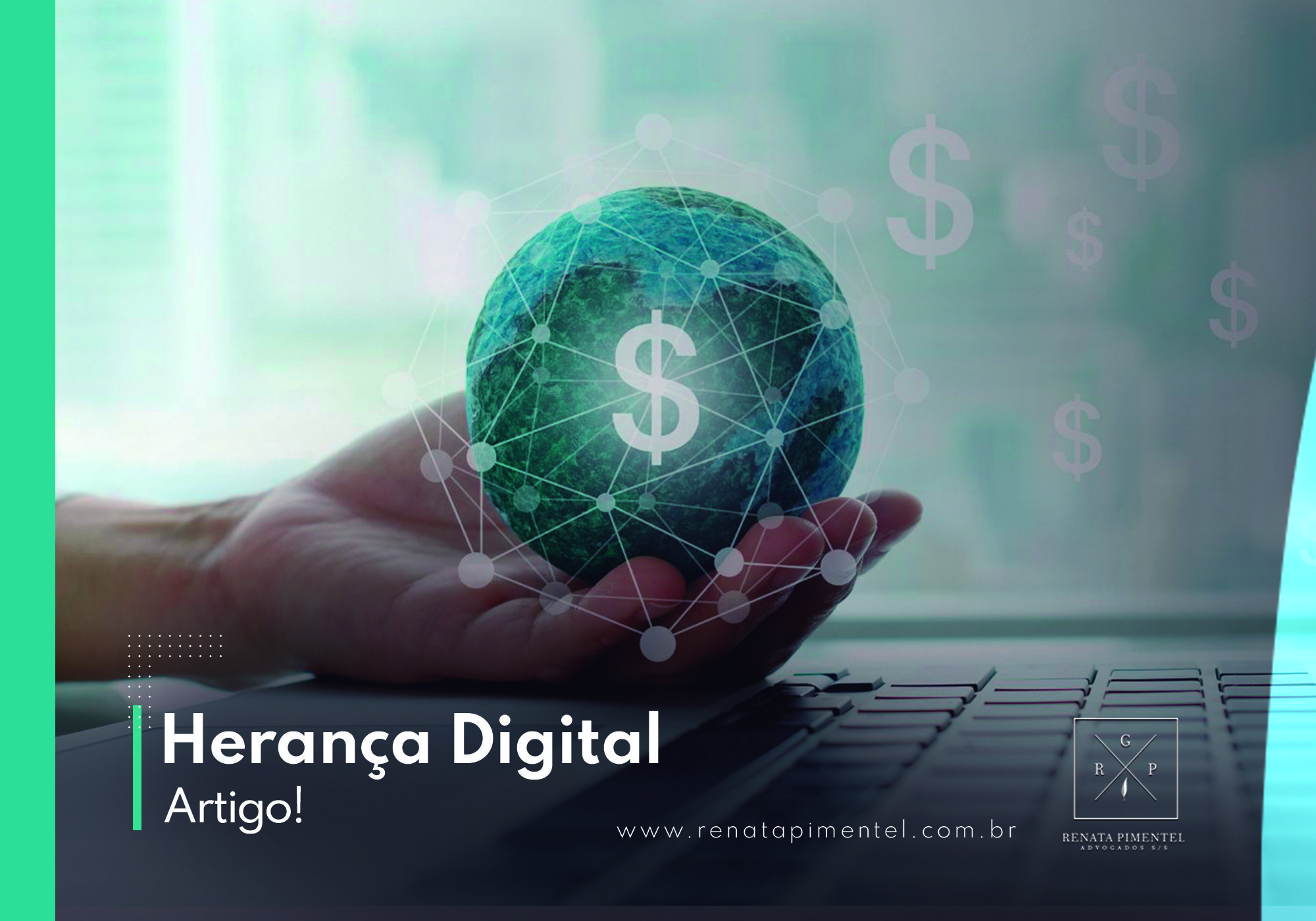Uma mão repousada em um computador, segurando um símbolo com a cifra bancária. Representação para o artigo sobre Herança Digital.